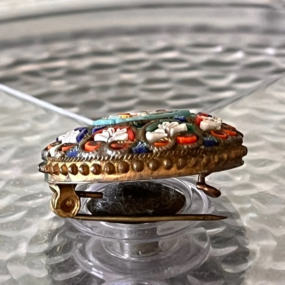 Antique Italian Micro Mosaic Floral Brooch Italy Romantic Victorian Style - Picture 2 of 11